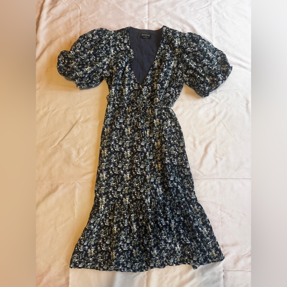 MINKPINK Navy Floral Puff Sleeve Midi/Maxi Wrap Dress Sz Small